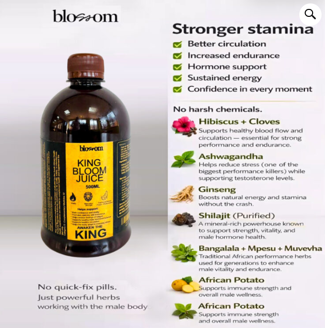 Blossom King Bloom Juice ingredients — Hibiscus, Ashwagandha, Ginseng, Shilajit, Mpesu, African Potato
