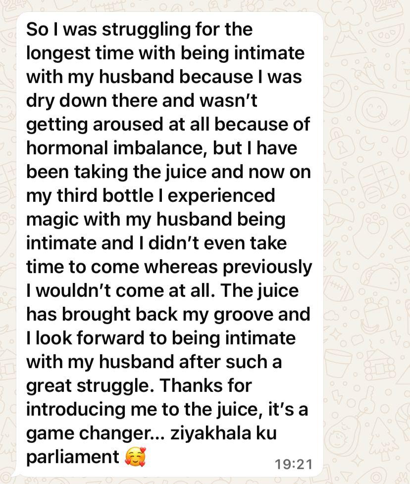 Customer WhatsApp review — intimacy & hormonal balance