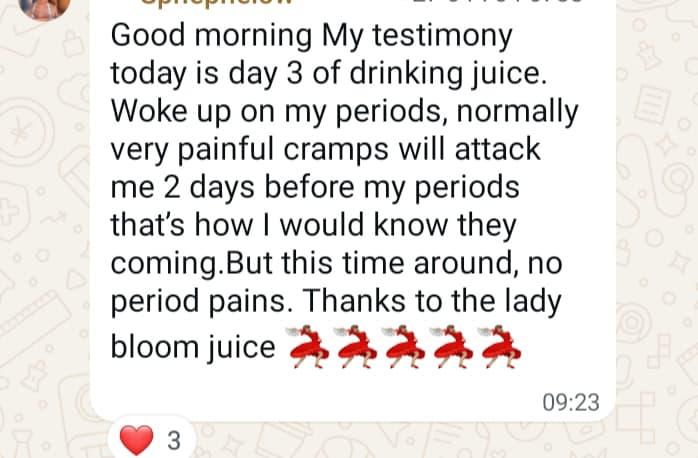Customer WhatsApp review — day 3, no period pains